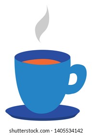 Clipart of a blue teacup and saucer filled with the hot steaming tea is all set ready to be enjoyed by someone, vector, color drawing or illustration. 