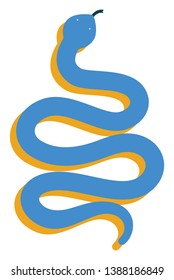 Clipart of a blue-colored slithering snake with yellow outline has two small eyes and a short tongue set on isolated white background  vector  color drawing or illustration