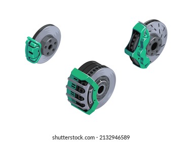 Clipart of brake disks. Set of brakes in isometrics. Game style of different brakes. Detail of the wheel hub. Sports brakes of different colors. Brake discs. Vector illustration EPS 10