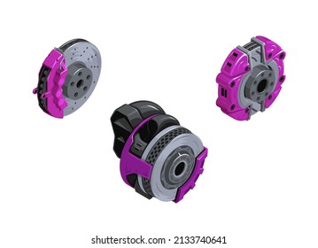 Clipart of brake disks. Set of brakes in isometrics. Game style of different brakes. Detail of the wheel hub. Sports brakes of different colors. Brake discs. Vector illustration EPS 10