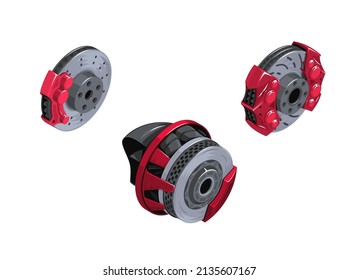 Clipart of brake disks. Set of brakes in isometrics. Game style of different brakes. Detail of the wheel hub. Sports brakes of different colors. Brake discs. Vector illustration EPS 10