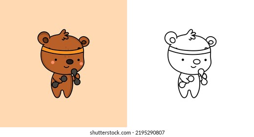 Clipart Brown Bear Athlete Multicolored and Black and White. Cute Bear Sportsman. Vector Illustration of a Kawaii Animal for Stickers, Baby Shower, Coloring Pages, Prints for Clothes.
