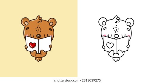 Clipart Brown Bear and Black and White Illustration. Cute Clip Art Bear. Vector Illustration of a Kawaii Animal for Stickers, Baby Shower, Coloring Pages, Prints for Clothes.
