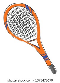 Clipart of a brown-colored tennis racket with a black handle has blue-colored ribbon encompassed around the ends of it vector color drawing or illustration 