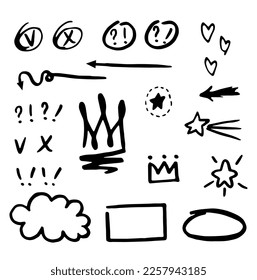 Clipart of bubble speech frames, check marks, stars and other signs. Black and white hand-drawn clipart.