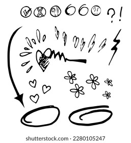 Clipart of bubble speech frames, check marks, hearts and flowers. Black and white hand-drawn clipart.	