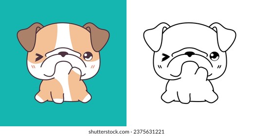 Clipart Bulldog Dog Multicolored and Black and White. Cute Clip Art Dog. Cute Vector Illustration of a Kawaii Animal for Stickers, Baby Shower, Coloring Pages. 