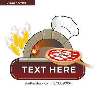 
clipart of a burning wood oven with a pizza on a shovel and a chef's hat