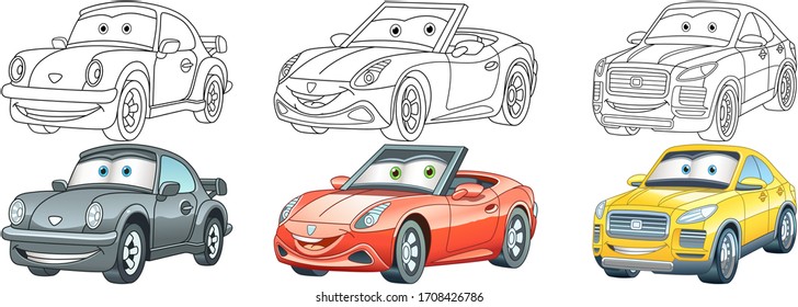 Clipart cars. Cartoon set for kids activity colouring book, t shirt print, icon, logo, label, patch or sticker. Vector illustration.