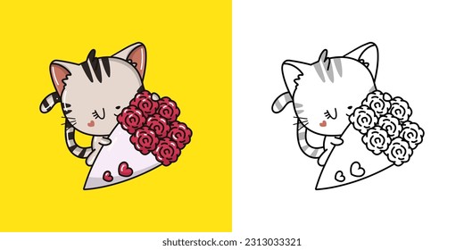 Clipart Cat and Black and White Illustration. Cute Clip Art Kitten. Vector Illustration of a Kawaii Animal for Stickers, Baby Shower, Coloring Pages, Prints for Clothes.
