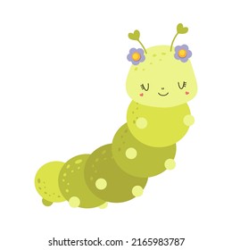 Clipart Caterpillar in Cartoon Style. Cute Clip Art Caterpillar with Flowers. Vector Illustration of an Animal for Stickers, Baby Shower Invitation, Prints for Clothes, Textile.  svg