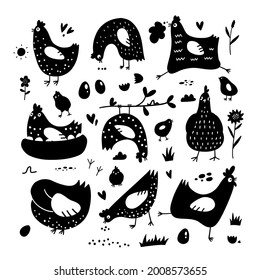 Clipart of chickens, hens, cocks, eggs in scandinavain simple style, black silhouette art. Elements for design cover food package, advertising banner, card.