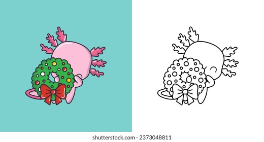 Clipart Christmas Axolotl Multicolored and Black and White. Cute Clip Art New Year Amphibian. Cute Vector Illustration of a Kawaii Marine Animal for Xmas Stickers. 