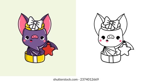 Clipart Christmas Bat Multicolored and Black and White. Cute Clip Art New Year Animal. Cute Vector Illustration of a Kawaii Animal for Xmas Stickers. 