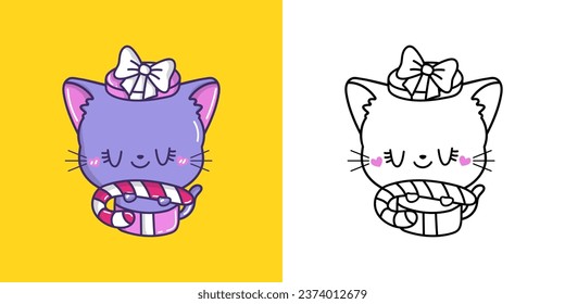 Clipart Christmas Cat Multicolored and Black and White. Cute Clip Art New Year Animal. Cute Vector Illustration of a Kawaii Pet for Xmas Stickers. 