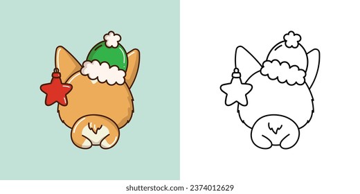 Clipart Christmas Corgi Dog Multicolored and Black and White. Cute Clip Art New Year Pet. Cute Vector Illustration of a Kawaii Animal for Xmas Stickers. 
