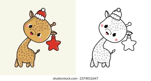 Clipart Christmas Giraffe Multicolored and Black and White. Cute Clip Art New Year African Animal. Cute Vector Illustration of a Kawaii Animal for Xmas Stickers. 