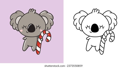 Clipart Christmas Koala Bear Multicolored and Black and White. Cute Clip Art New Year Animal. Cute Vector Illustration of a Kawaii Koala for Xmas Stickers. 