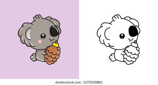 Clipart Christmas Koala Bear Multicolored and Black and White. Cute Clip Art New Year Animal. Cute Vector Illustration of a Kawaii Koala for Xmas Stickers. 