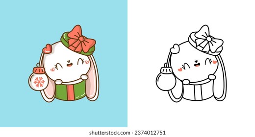 Clipart Christmas Rabbit Multicolored and Black and White. Cute Clip Art New Year Hare. Cute Vector Illustration of a Kawaii Bunny for Xmas Stickers. 