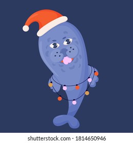 Clipart with a Christmas seal in a hat and a garland.
Vector flat cartoon illustration.