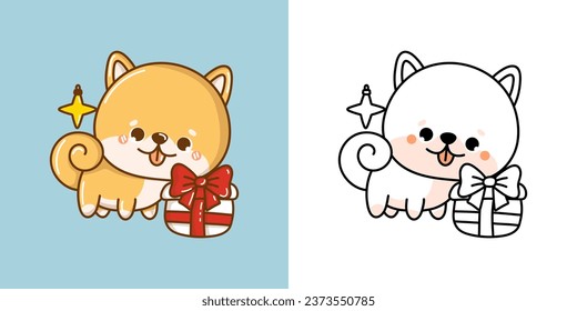 Clipart Christmas Shiba Inu Dog Multicolored and Black and White. Cute Clip Art New Year Dog. Cute Vector Illustration of a Kawaii Pet for Xmas Stickers. 