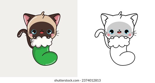 Clipart Christmas Siamese Cat Multicolored and Black and White. Cute Clip Art New Year Cat. Cute Vector Illustration of a Kawaii Pet for Xmas Stickers. 