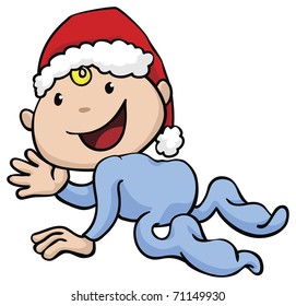 Clipart christmas themed illustration of a happy cute baby crawling and waving, wearing a santas hat