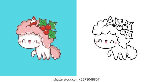 Clipart Christmas Unicorn Multicolored and Black and White. Cute Clip Art New Year Fantasy Horse. Happy Vector Illustration of a Kawaii Animal for Christmas Stickers. 