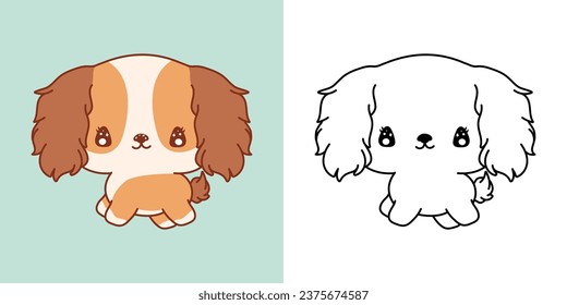 Clipart Cocker Spaniel Dog Multicolored and Black and White. Cute Clip Art Puppy. Cute Vector Illustration of a Kawaii Pet for Stickers, Baby Shower, Coloring Pages. 