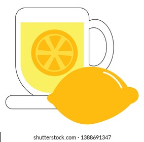 Clipart of a coffee cup filled with lemon tea rests on a saucer  and a whole lemon with a white exclamation mark lies closer to it  vector  color drawing or illustration