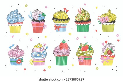 Clipart collection with colorful cupcakes for design. Food decorative pictures in bright colors. Hand-drawn trendy vector illustration with berries, sweets and flowers.