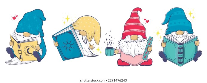 Colección de imágenes con gnomos de dibujos animados Cute con libros. Ilustración vectorial aislada en el fondo blanco para el día mundial del libro y los derechos de autor