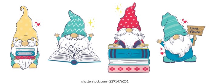 Colección de imágenes con gnomos de dibujos animados Cute con libros. Ilustración vectorial aislada en el fondo blanco para el día mundial del libro y los derechos de autor