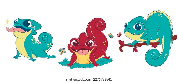 Clipart collection with cute lizards in different poses with greens and fruits, butterflies around. Brightly colored vector children's drawing.