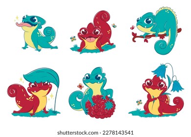 Clipart collection with cute lizards in different poses with greens and fruits, butterflies around. Brightly colored vector children's drawing.