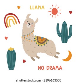 Clipart Collection With Cute Wink Jumping Llama, Cactus, Rainbow And Sun