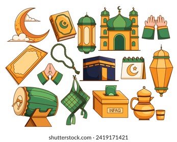 clipart collection featuring Islamic elements, including mosques, crescents, stars, Quran, minarets, ketupat, lanterns, Kaaba, etc. Perfect for Ramadan, Eid al-Adha, and any Islamic-related project