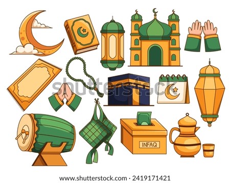 clipart collection featuring Islamic elements, including mosques, crescents, stars, Quran, minarets, ketupat, lanterns, Kaaba, etc. Perfect for Ramadan, Eid al-Adha, and any Islamic-related project
