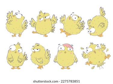 Clipart collection of funny cartoon chickens in doodle sketch style. Hand drawn cute chicken set.