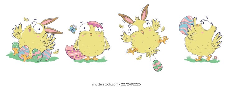 Clipart collection of funny chicks with easter eggs and bunny ears in doodle sketch style. Hand drawn horizontal banner with funny domestic birds