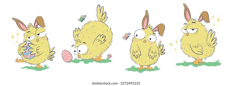 Clipart collection of funny chicks with easter eggs and bunny ears in doodle sketch style. Hand drawn horizontal banner with funny domestic birds