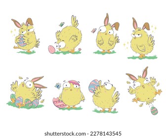 Clipart collection of funny chicks with easter eggs and bunny ears in doodle sketch style. Hand drawn cute chicken set.