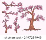 Clipart collection of illustrations featuring cherry blossom trees and branches in full bloom.
Japan Pink Sakura Flower Decorative Illustration.
Perfect for decorative elements, cards, banners, etc