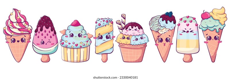 Clipart collection of kawaii cartoon doodle ice cream. Pastel colors. Vector illustration of cute food. funny sweets