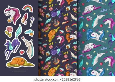 Clipart collection and seamless patterns of various unicorns with different expressions and elements like rainbows and hearts