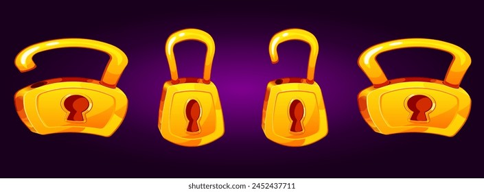 clipart; collection; shiny; fantasy; design; simple; lock; illustration; vector; padlock; four; golden; purple; yellow; closed; open; 