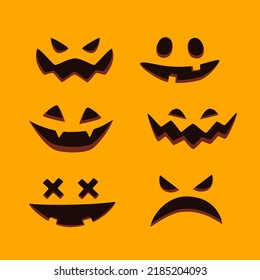 Clipart collection of spooky pumpkin face expression isolated on orange background. Halloween party. Vector illustration.