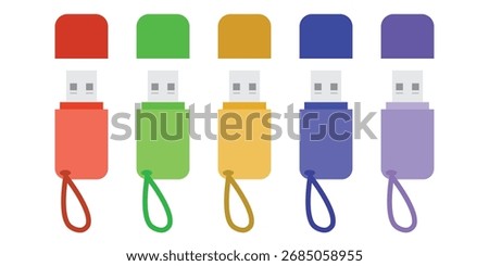 Clipart collection of various USB flash drives with loop keychain and head attachment cap isolated on white background. Generic set of USBs for icons, branding, and symbols. Vector Illustration EPS 10