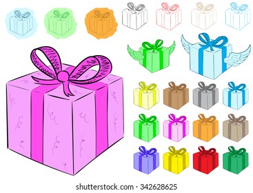 Clipart with color winged gift boxes and outlines